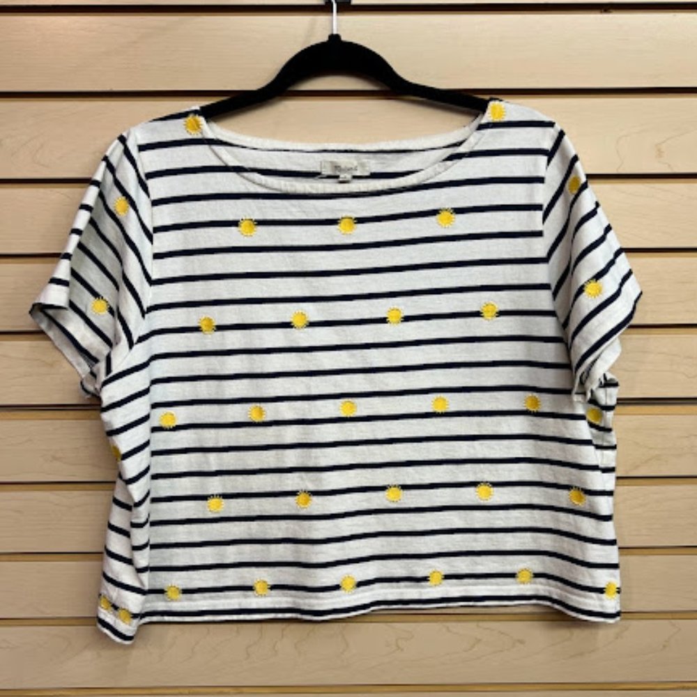 Cream and Blue Striped Sun Embroidered Madewell Crop Top